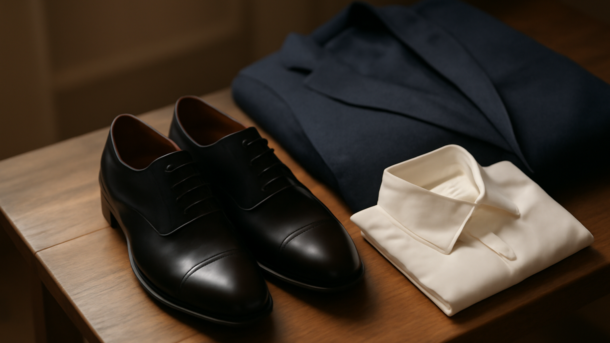 Sepatu oxford kulit hitam dipasangkan dengan jas wol navy dan kemeja putih